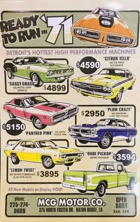 1970s America, Muscle Car Ads, Car Advertisement, Automobile Advertising, Lemon Twist, Dodge Muscle Cars, Chevy Trailblazer, Auto Retro, Mopar Muscle Cars