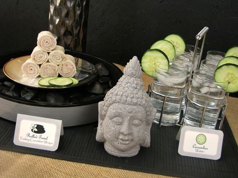 I love this idea for a party or shower. I throwing a small party for my oldest friend for her 40th and I am having a spa coming to the house, this would be a great set up for this theme. Zen Party Decorations, Zen Party Theme, Relaxing Party Ideas, Zen Theme Party, Yoga Party Decorations, Spa Water Station, Zen Party Ideas, Yoga Themed Party, Yoga Party Ideas