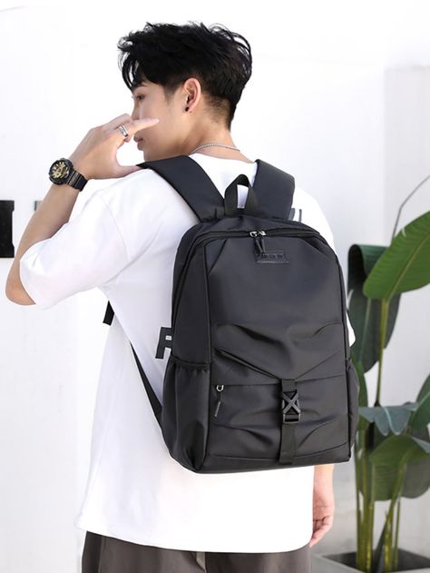 Black    Nylon Letter Laptop Backpack Embellished   Men Bags College Bags For Boys, University Bag, Boy School, Laptop Backpack Mens, Stylish School Bags, Men Backpack, College Boys, Travel Backpacks, College Bags