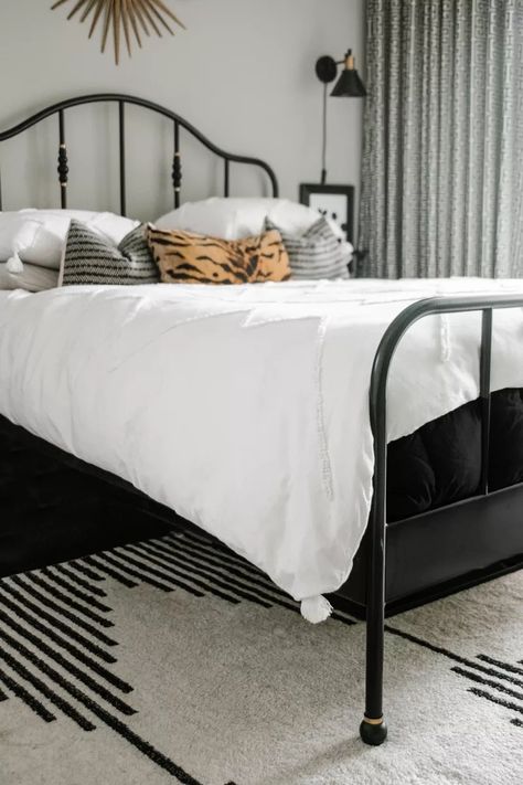 How I Made a $199 IKEA Bed Look Designer Ikea Sagstua Bedroom, Ikea Sagstua Bed Ideas, Ikea Sagstua Bed, Sagstua Bed, Ikea Metal Bed, Affordable Bed Frame, Affordable Bed Frames, Black Iron Beds, Black Metal Bed Frame