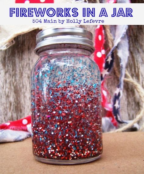 Easy and fun to make Fireworks in a jar, using glitter and mason jars Fireworks In A Jar, Fireworks Cake, Firework Nails, Fireworks Craft, Discovery Bottles, Patriotic Projects, Diy Confetti, 4th July Crafts, Sensory Bottles