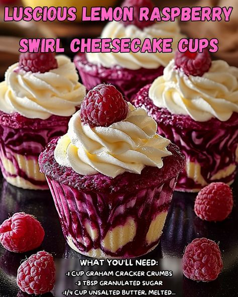 Luscious Lemon Raspberry Swirl Cheesecake Cups Ingredients For the Crust: - 1 cup graham cracker crumbs - 3 tablespoons granulated sugar - 1/4 cup unsalted butter, melted For the Cheesecake Filling: - 16 oz cream cheese, softened - 1 cup granulated sugar - 2 large eggs - 1/3 cup sour cream - 2 tablespoons lemon juice (freshly squeezed) - 1 teaspoon lemon zest - 1 teaspoon vanilla extract For the Raspberry Swirl: -1/2 cup fresh raspberries - 2 tablespoons granulated sugar Instructions 1. ... Lucious Lemon Raspberry Swirl Cheesecake Cups, Lemon Raspberry Cheesecake Cups, Cake Ideas Decorating, Raspberry Delight, Blueberries Muffins, Cheesecake Cups Recipe, Lemon Raspberry Cupcakes, Design Cupcakes, Lemon Raspberry Cheesecake