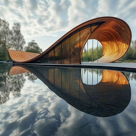 Oat Architecture, Animal Inspired Architecture, Pavilion House Design, Architecture With Water, Environmental Design Architecture, Ocean Architecture Concept, Gridshell Architecture, Curved Pavilion, Bath House Architecture