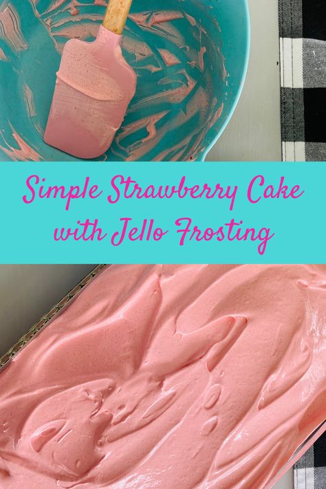 Simple Strawberry Cake with Jello Frosting – Hux & Honey Jello Buttercream Frosting, Strawberry Icing With Jello, Strawberry Jello Icing, Jello Whipped Cream Frosting, Jello Icing Recipe Frostings, Strawberry Frosting With Jello, Strawberry Cake Icing Recipe, Icing For Strawberry Cake, Strawberry Jello Frosting