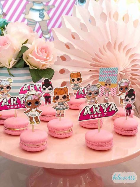 Check out the cute macarons at this adorable LOL Surprise Dolls birthday party! See more party ideas and share yours at CatchMyParty.com #catchmyparty #partyideas #lolsurprisedolls #lolsurprisedollsparty #girlbirthdayparty #lolsurprisedollscookies Pink Macrons, Lol Suprise Party Ideas, Lol Surprise Dolls Party Ideas Food, Lol Birthday Party Ideas Decorations, Lol Party Decorations, Lol Party Ideas Decoration, Lol Theme Birthday Party Ideas, Lol Doll Birthday Party Ideas, Lol Surprise Birthday Party Ideas