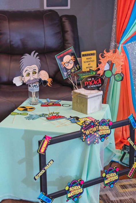 Mad Scientist Photo Booth, Scientist Birthday Party Ideas, Science Theme Party, Mad Scientist Party Experiments, Mad Scientist Birthday Party, Scientist Birthday Party, Mad Scientist Birthday, Mad Science Party, Scientist Birthday