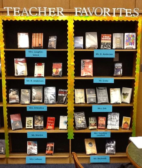 I LOVE this idea for school libraries. It's so important for kids to see that teachers are reading for pleasure! Library Dark, Librarian Ideas, School Library Decor, Library Signage, Reading Display, School Library Displays, Middle School Libraries, Library Media Center, Library Book Displays