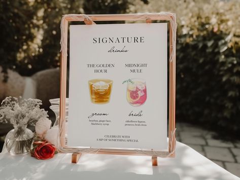 Wedding Signature Drinks Sign Template, Elegant Bar Menu Sign, Editable Modern Bar Menu, Digital Download, ADELINE by RoyalTemplatesShop on Etsy Specialty Cocktail Sign, Signature Drink Sign Wedding, Signature Wedding Drinks Sign, Elegant Signature, Drink Illustration, Cocktail Names, Bar Menu Sign, Cocktail Sign, Signature Cocktail Sign