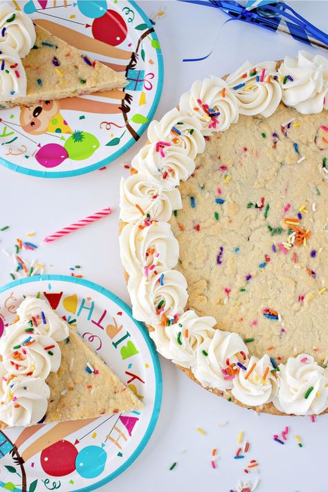 Cookie cake slices on plates. Pizza Cookie Cake, Mini Cookie Cake, Sugar Cookie Cake Recipe, Homemade Vanilla Frosting, Sugar Cookie Cake, Cake With Sprinkles, Raspberry Cheesecake Bars, Sugar Cookie Cakes, Homemade Sugar Cookies