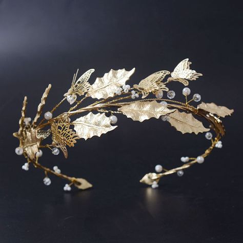 HG358 Gold Butterfly Leaf Pearl Tiara by FashionForwardJewlry Butterfly Headpiece, Gold Leaf Crown, Fairy Headpiece, Pearl Bridal Headband, Gold Headpiece, Headpiece Jewelry, Boho Headband, Wedding Tiara, Bridal Tiara