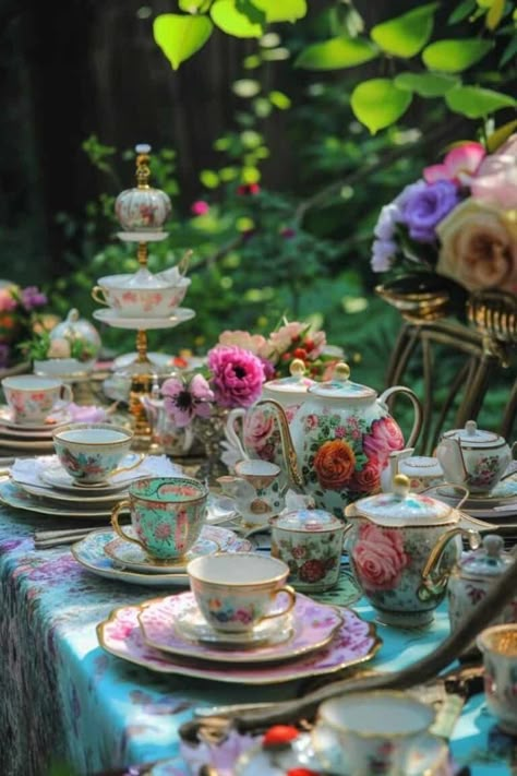 whimsical tea party Fairy Tale Tea Party Ideas, Mix And Match Tea Party, European Tea Party, English Tea Table Setting, Tea Party Brunch Decorations, Romantic Tea Party, Tea Decorations Table, Flower Garden Party Ideas, Tea Party Tablescape Vintage