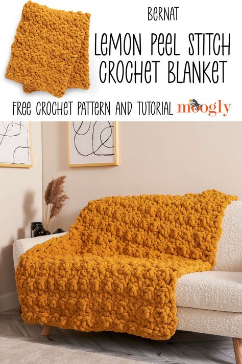 Learn a classic crochet stitch pattern and wrap yourself in the Bernat Lemon Peek Stitch Crochet Blanket, made with Bernat Blanket Extra Thick! Watch and learn how to make your own luxurious cushy crochet throw with the links and video on Moogly! via @moogly Bernet Blanket Yarn Crochet Projects, Lemon Peel Stitch Crochet, Bernat Blanket Patterns, Crochet Blanket Free Pattern, Crochet Blanket Yarn, Crochet Blanket Free, Crochet Stitch Pattern, Chunky Crochet Blanket Pattern, Crochet Blanket Stitch Pattern