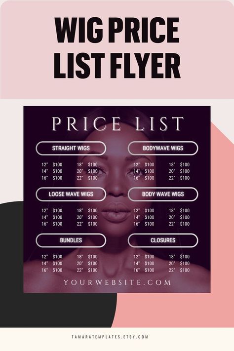 A price list for wigs and a hair bundles price list. This price list flyer template is perfect for your Instagram posts. Fully editable in Canva so you can customize to your brand. Since you can change everything, you can also change this wig price list flyer into any beauty business flyer design. Nails, Makeup, lash extensions, etc. Download this price list design template today and save time from starting from scratch! 😀 Bundles Price List, Wig Price List, Business Flyer Design, Price List Design, List Design, Gift Certificate Template, Pinterest Templates, Wigs Hair, Nails Makeup