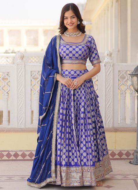 Blue Viscose Jacquard A Line Diwali Lehenga With Sequins And Embroidery | Lehengas | A Line Lehenga Diwali Lehenga, Lehenga For Sangeet, Blue Silk Lehenga, Royal Blue Lehenga, Georgette Dupatta, Blue Lehenga, Half Sleeve Blouse, Silk Lehenga, Zari Work