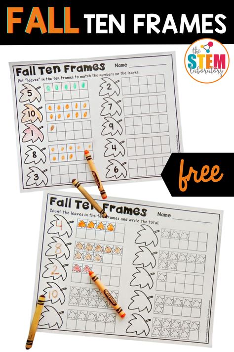 These fun Fall ten frame printables are great way to build number recognition and counting skills with preschoolers and kindergarteners. Add them to your lesson plans and math centers! #earlyelementary #prek #kindergarten Kindergarten Fall Center Ideas, Math Lesson Plans For Kindergarten, Fall Math Stations Kindergarten, Math Stations Kindergarten Free, Halloween Math Kindergarten Free, Counting Math Centers Kindergarten, Math Tubs Kindergarten Free, October Math Centers Kindergarten, October Kindergarten Centers