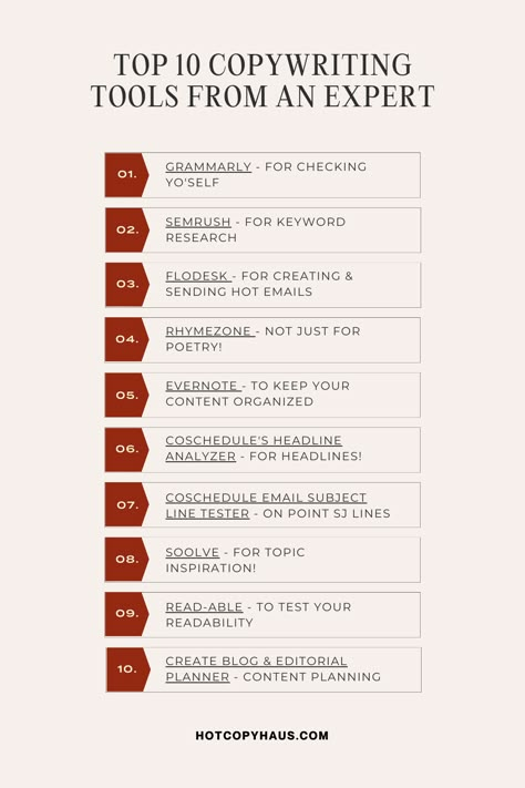 Discover the essential copywriting tools for beginners and elevate your writing skills. From brainstorming ideas to editing, these copywriting tools will empower you to create compelling content. Boost your copywriting expertise with this comprehensive toolkit today! Need more tips like these? Stay ahead by joining my exclusive email list at hotcopyhaus.com Tips For Content Writing, How To Write A Manuscript, Copywriting Tips Social Media, Email Copywriting Tips, What Is Content Writing, Content Writing For Beginners Ideas, How To Learn Copywriting, Social Media Copywriting, Email Copywriting Examples