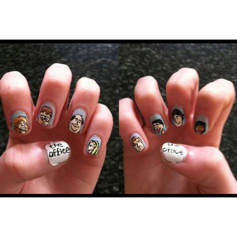 "The Office" themed nails :) From left to right: Pam, Dwight, Kevin, Angela, Toby, Michael, Jim, and Kelly The Office Nails, The Office Bff Tattoo, The Office Nails Tv Show, The Office Nail Art, Office Nail Art, The Office Friend Tattoos, Jim And Pam Tattoo The Office, Office Nails, Themed Nails