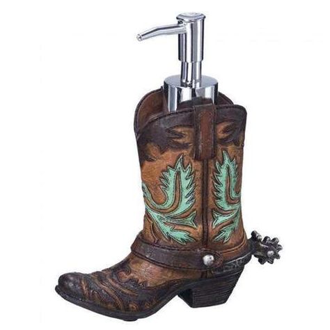 A stainless steel pump makes your favorite soap or lotion easy to dispense. Turquoise accented... Horse Bathroom Decor, Western Bathrooms, Western Bathroom, Western Rooms, Dark Brown Boots, Western Rustic, Turquoise Accents, Rustic Bathrooms, Western Homes