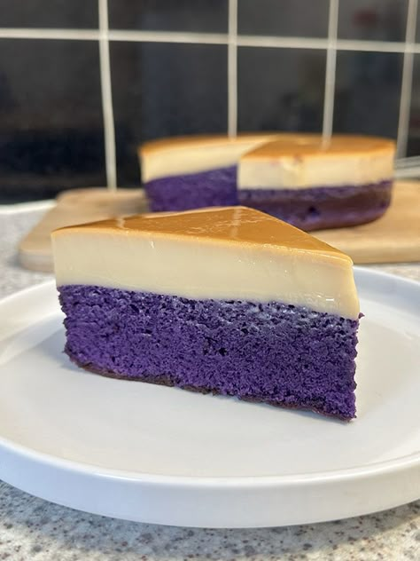 Gluten Free Ube Cake, Ube Tres Leches Cake, Ube Tres Leches Cake Recipe, Ube Flan Cake, Ube Tres Leches, Ube Flan, Ube Dessert, Ube Desserts Recipes, Ube Tiramisu Recipes