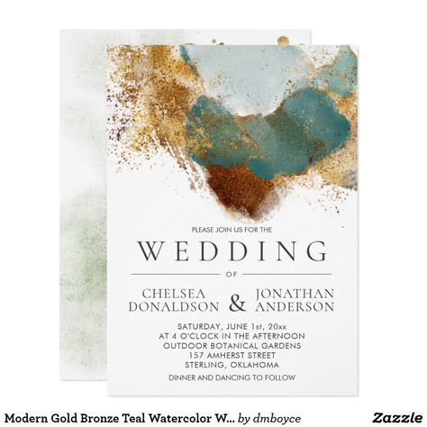 Modern Gold Bronze Teal Watercolor Wash Wedding Invitation #modern #abstract #gold #bronze #teal #marble #watercolorwash #watercolorweddinginvitation #weddinginvitation Burnt Orange And Teal Wedding, Dark Teal And Rust Orange Wedding Invitations, Fall Wedding Invitations Teal And Orange, Teal Invitations Wedding, Teal And Copper Wedding Invitations, Geode Invitation, Teal Green Wedding, Text Wedding, Teal Watercolor