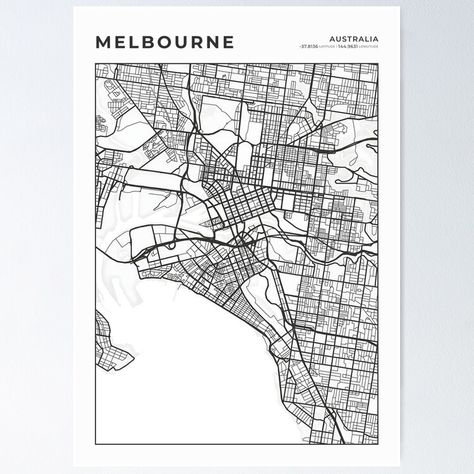 Get my art printed on awesome products. Support me at Redbubble #RBandME: https://www.redbubble.com/i/poster/Melbourne-Australia-Street-Layout-Map-by-wally-prints/158203929.LVTDI?asc=u Map Poster Design, Map Of Sydney Australia, Melbourne Map, Western Australia Map, Melbourne Skyline, Cartography Map, Posters Australia, Degraves Street Melbourne, City Maps