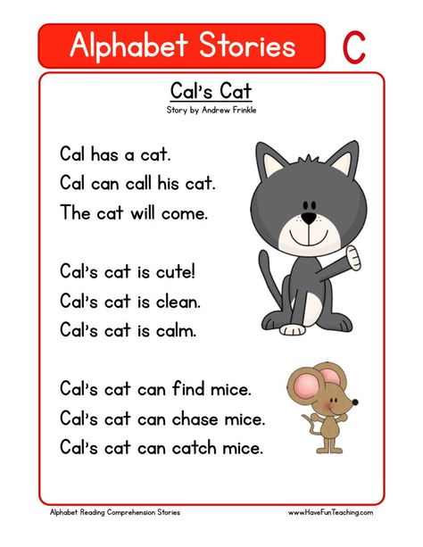 This Reading Comprehension Worksheet - Cal's Cat is for teaching reading comprehension. Use this reading comprehension story to teach reading comprehension. Phonic Stories, Alphabet Stories, Reading Comprehension Posters, Reading Rules, Comprehension Kindergarten, Remedial Reading, Phonics Reading Passages, Preschool Names, Teaching Reading Comprehension