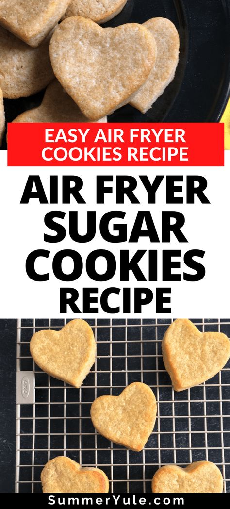 Can you air fry sugar cookies? You bet! These air fryer sugar cookies from scratch are quick and easy to make. Learn how long to air fry sugar cookies, what temp you should air fry your cookies, and more! You’ll love how delicious these small batch sugar cookies are. They might just become a regular snack in your household when you have a sweet craving! #airfryer #cookies #vegetarian #snack #highcalorie Cookies In Airfryer, Air Fry Cookies Recipe, Air Fryer Shortbread Cookies, Baking Cookies In Air Fryer, Air Fryer Sugar Cookies, Airfryer Cookies Recipes, Air Fryer Cookies Easy Recipes, Air Fry Cookies, Cookies From Scratch Recipe