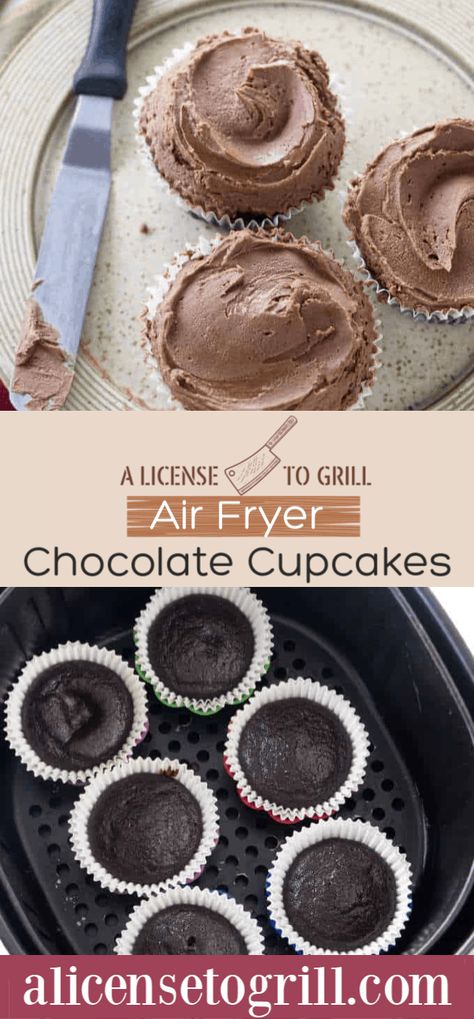 The perfect chocolate cupcakes for an air fryer. The chocolate buttercream is a delicious topping for these moist and tender cupcakes. AND, they are incredibly easy to make with ingredients you likely already have in your house! Go on, you deserve a cupcake! Air Fryer Cupcakes Recipes, Airfryer Cupcake Recipes, Air Fryer Small Cakes, Air Fryer Cupcake Recipes, Airfryer Cupcakes, Air Fryer Deserts Recipes Easy, Air Fryer Cupcake, Air Fryer Cupcakes, Ninja Cakes