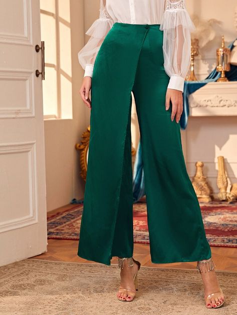 Wide Leg Wrap Satin Pants | SHEIN USA Satin Trousers Outfit, Dubai Fashion Women, Satin Pants Outfit, Wide Leg Pants Outfit, Look Office, Stylish Hijab, Satin Trousers, Fashion Tops Blouse, Diy Fashion Clothing