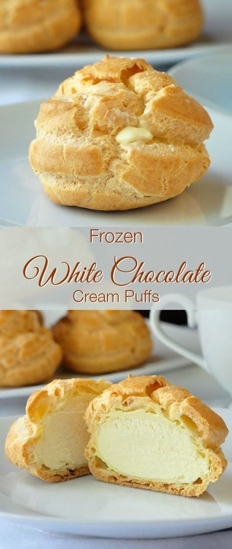 These white chocolate cream puffs are ideal to have on hand for last minute dessert when needed. The filling freezes to a silky white chocolate ice cream. Chocolate Cream Puffs, White Chocolate Ice Cream, Chocolate Cream Puff, Granitas, White Chocolate Cream, Cream Puff Recipe, Rock Recipes, Puff Recipe, Make Ahead Desserts