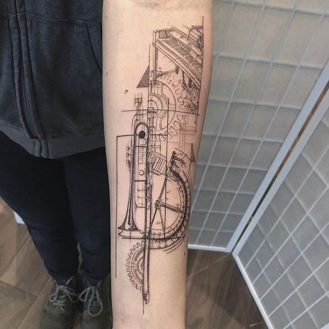 Trombone Tattoo Ideas, Metronome Tattoo, Trombone Tattoo, Clarinet Tattoo, Engineering Tattoo Ideas, Engineering Tattoo, Music Inspired Tattoos, Drummer Tattoo, Trumpet Tattoo