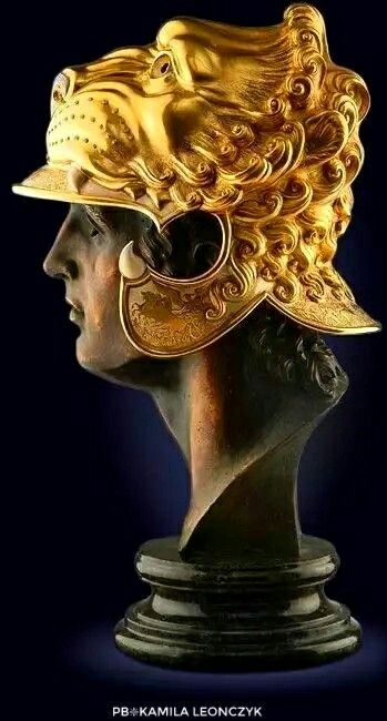 Alexander's Lion Helm. Copy of the golden lion head helmet of Alexander the Great as it is depicted at the Sarcophagus of Sidon Lebanon Alexander The Great Helmet, Sidon Lebanon, Lion Helmet, Light Armor, Helmet Concept, Greek Warrior, Ancient Myths, Ancient Egyptian Art, Roman Art