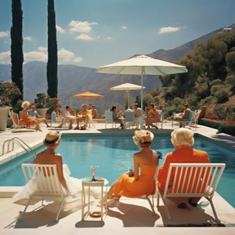 1950s Pool Party, Vintage Pool Parties, Vintage Palm Springs, Vintage Pool, Poolside Glamour, Digital Painting Techniques, Beach Illustration, Slim Aarons, Painting Digital