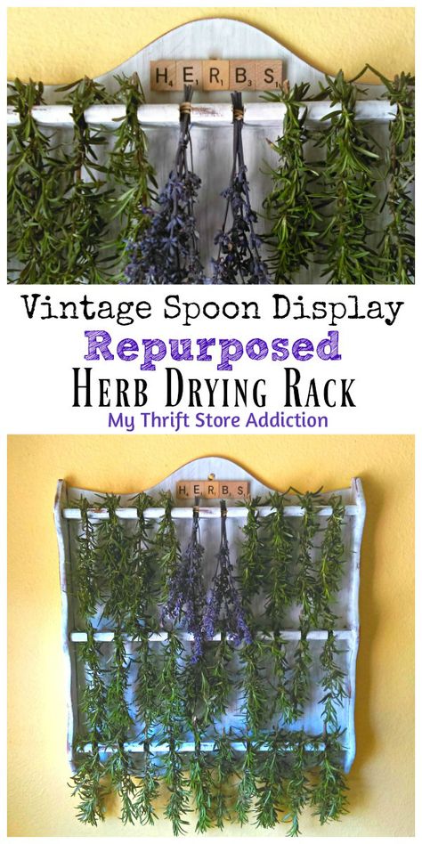 Your home will smell heavenly when you repurpose a thrift store spoon display as an herb drying rack! Farmhouse Gardens, Spoon Display, Herb Drying Rack, Herb Rack, Herb Drying, Spoon Rack, Thrift Store Diy, Furniture Upcycle, Garden Decoration Ideas