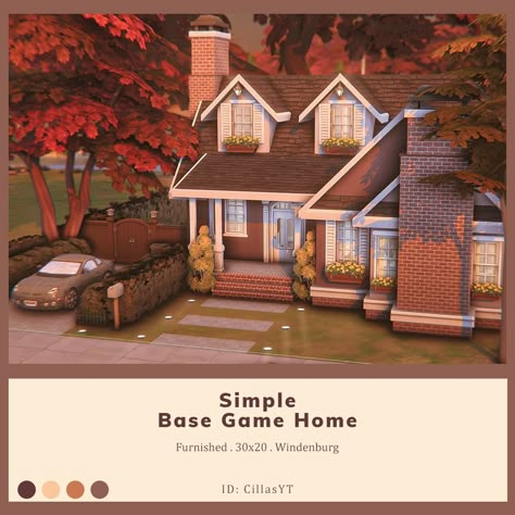 Sims 4 Legacy Starter House, Sims 4 One Level House, Sims 4 Loft House Base Game, Sims Base Game House Ideas, Sims 4 Bungalow House, Base Game Home Sims 4, Sims 4 Starter Home Small Houses, Small Base Game House Sims 4, Cottage House Sims 4 Floor Plan