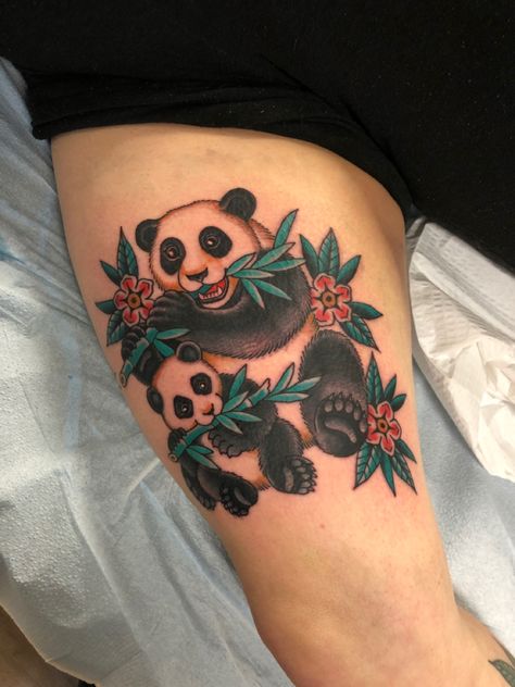 American Traditional Panda Tattoo, Traditional Panda Tattoo, Inner Thigh Tattoo, Tattoos Panda, Inner Thigh Tattoos, Back Of Thigh Tattoo, Panda Bear Tattoos, Baby Pandas, Sea Wolf