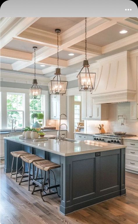 Cream Cabinets White Countertop, Kitchen Island Lighting Ideas, Suburban Kitchen, Coastal Kitchen Design, Country Kitchen Designs, Farmhouse Kitchen Remodel, Future Apartment Decor, Farmhouse Style House Plans, Farmhouse Kitchen Design