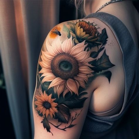 89 Sunflower Tattoo Ideas - TattooClue.com Tattoo Cover Up Ideas For Women Shoulder, Shoulder Tattoos For Women Color, Shoulder Cover Up Tattoos For Women, Cover Up Tattoo Designs For Women, Minimalistic Sunflower Tattoo, Sunflower Tattoos For Women, Sunflower Back Tattoo, Rebecca Tattoo, Elf Tattoo