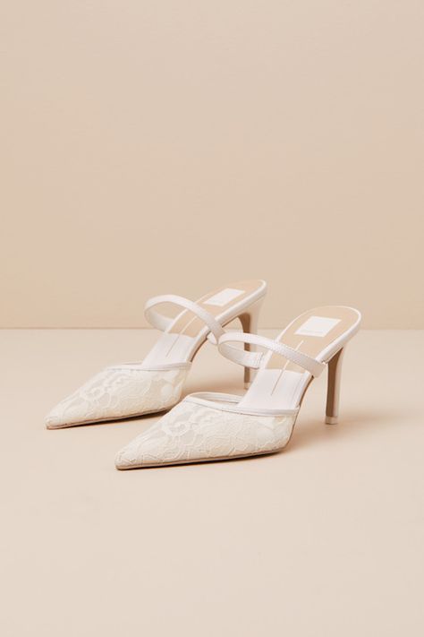 Katik White Floral Lace Pointed-Toe Mule Pumps Aesthetic White Heels, White Lace Heels, Mule Pumps, Kitten Heel Wedding Shoes, Unique Wedding Shoes, Dolce Vita Heels, Fun Wedding Shoes, White Mules, Mule Heels