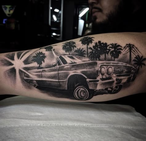 Classic Car Tattoo Ideas, Low Rider Tattoo Design, Lowrider Car Tattoo, Low Rider Design, Lowrider Flash Tattoo, Lowrider Sleeve Tattoos, Lowrider Front View, Chicana Style, Car Tattoos