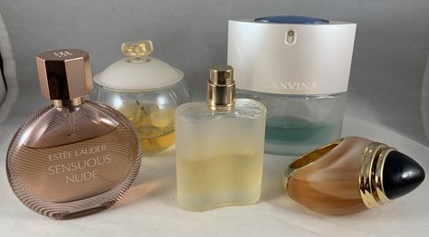 Sensuous Nude~~~Estee Lauder, Noa~~Cacharel, Oxygene~~Lanvin, Boucheron (Not vintage but pre-reformulation) Estee Lauder Sensuous, Vintage Perfume, Estee Lauder, Lanvin, Estate Sale, Stranger Things, Perfume Bottles, Beauty