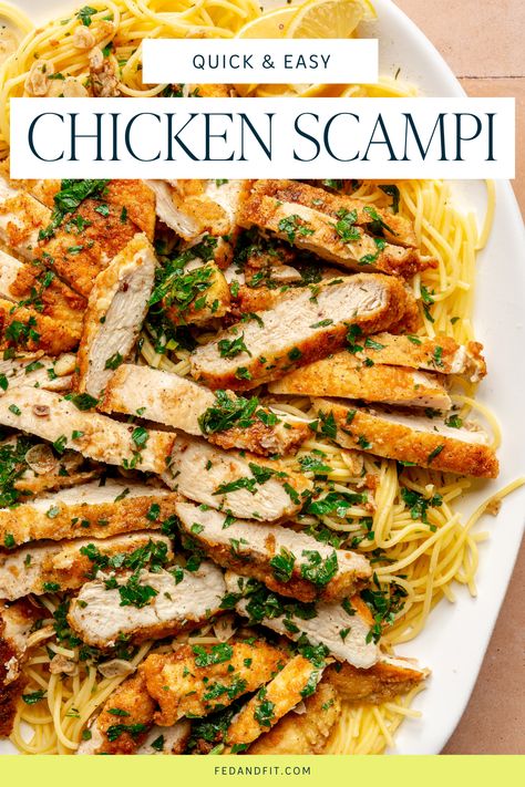 Chicken scampi sits on a white serving plate. Chicken Scampi Recipe, Scampi Sauce, Chicken Scampi, Lemon Garlic Sauce, Breaded Chicken Cutlets, Scampi Recipe, Chicken Pasta Bake, Pan Fried Chicken, Gluten Free Recipes For Dinner