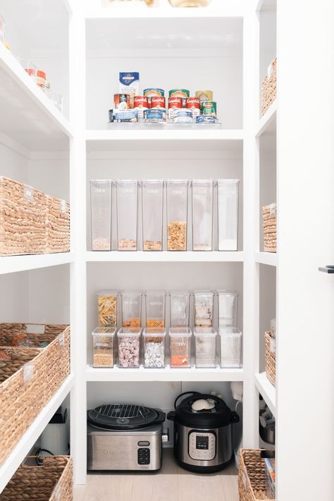 Want a beautifully organized coastal pantry of your own? Shop the pin to make it happen in your home! #coastal #coastalstyle #coastaldecor #coastalcarolina #pantry #pantrystorage #pantrystaples #pantrybasics #organization #organizer #organizing #organizationideas #organized #organizedhome #organizedlife #getorganized #home #homemakeover #kitchen #kitchenideas #kitchenmakeover #beforeandafter #charleston #luxurydesign Small Walk In Pantry Organization, Coastal Pantry, The Home Edit Pantry, Small Walk In Pantry, Home Edit, Beautifully Organized, The Home Edit, Space Organizer, Pantry Staples