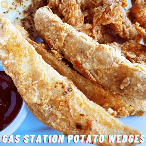 Batter Fried Potato Wedges, Tater Logs Potato Wedges, Gas Station Potato Wedges, Crunchy Potato Wedges, Fried Potato Wedges Recipe Deep, Deep Fried Potato Wedges Recipes, Copycat Lees Potato Wedges, Gas Station Food Recipes, Homemade Jojos Potato Wedges Deep Fried