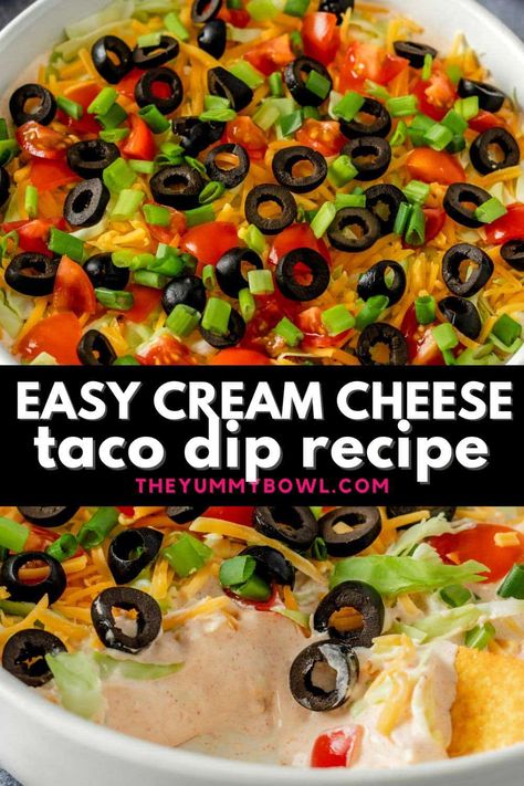 Looking for a quick and easy party appetizer that will impress your guests? Try this simple yet delicious taco dip recipe. rnrnMade with just a few key ingredients, including cream cheese, sour cream, and a perfect blend of taco seasoning, this dip is sure to become a hit. Taco Dip With Cream Cheese And Hormel Chili, Keto Taco Dip With Cream Cheese, Taco Dip For Party, Taco Cream Cheese Dip, Snacks For Card Party, Cream Cheese Taco Dip Cold, Hot Taco Dip With Cream Cheese, Cold Taco Dip With Cream Cheese, Taco Dip With Cream Cheese And Beef