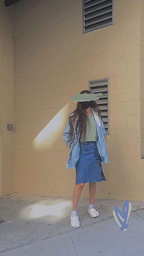 Long Jean Skirt Outfits, Long Jeans Skirt, Crocs Outfit, Jean Skirt Outfits, Crocs Fashion, Long Jean Skirt, Long Skirt Outfits, Jean Skirt, Modest Outfits