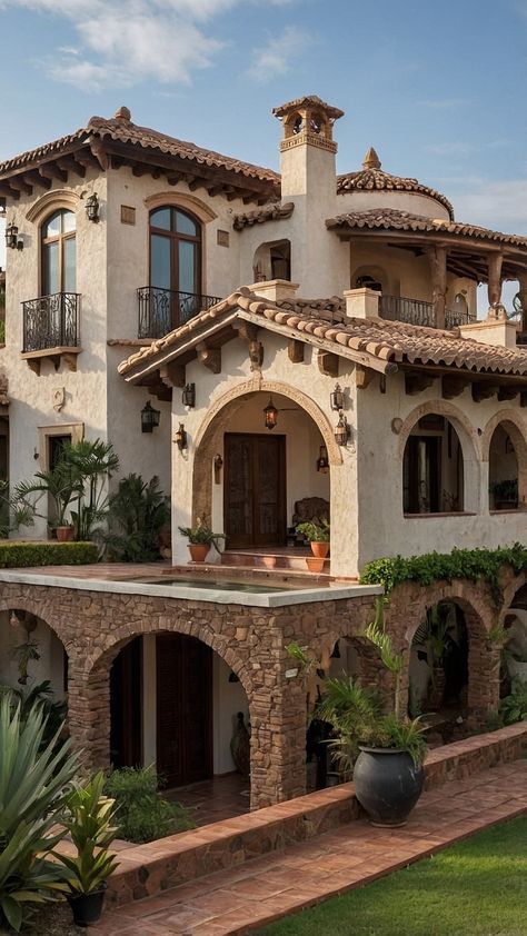 #SpanishStyle #Mediterranean #HomeDecor #InteriorDesign #Architecture #RusticHome #OutdoorLiving #Courtyard #HomeInspiration #DesignIdeas #Stucco #TileRoof #ColorfulInteriors #GardenDesign #HistoricHomes #TraditionalArchitecture #CozySpaces #PatioDesign #CulturalHeritage #DreamHome #InteriorDecor #LandscapeDesign #OpenFloorPlan #ArtisanCraftsmanship #VibrantColors #HeritageDesign #InvitingEntryways #DecorativeIronwork #ArchitectureLovers #SustainableDesign #FamilyHomes #LuxuryLiving Rich Mexican House, Herencia Style Homes, New Mexico House Exterior, Mexican Luxury Homes, Modern Hacienda Decor, Bloxburg Hacienda, Spanish Homes Exterior Hacienda Style, Mexican Exterior Houses, Spanish House Aesthetic