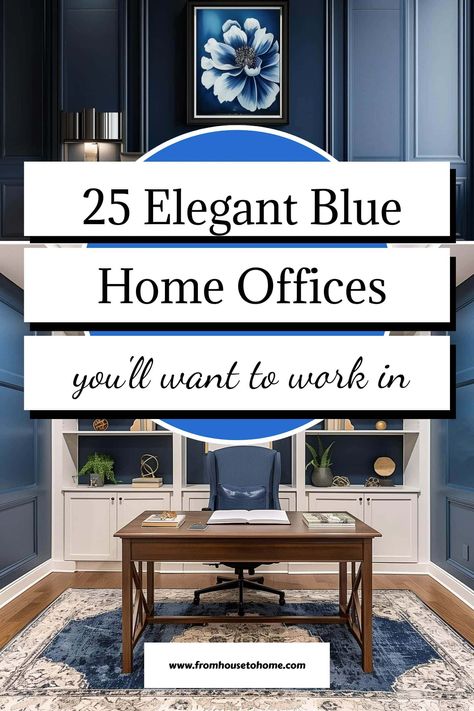 25 elegant blue home offices you'll want to work in Blue Desk Home Office, Navy Walls Office, Blue And White Office Ideas, Blue And Gold Home Office, Hale Navy Office, Blue Accent Wall Office, Navy Blue Office Walls, Navy Office Walls, Blue Home Office Ideas