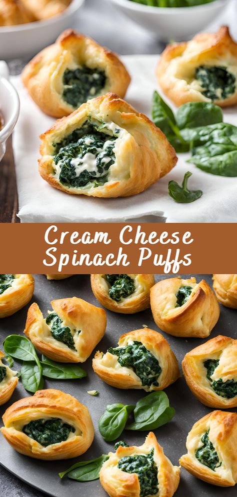 Cream Cheese Spinach Puffs | Cheff Recipes Gluten Free Cream Puffs Recipes, Spinach Cheese Puff Pastry, Spinach Artichoke Dip Puff Pastry, Spinach Feta Puff Pastry Recipes, Savory Pastries Recipes, Spinach Cream Cheese Puff Pastry, Cream Cheese Spinach Puffs, Pistachio Cream Puffs, Pastry Puff Appetizers