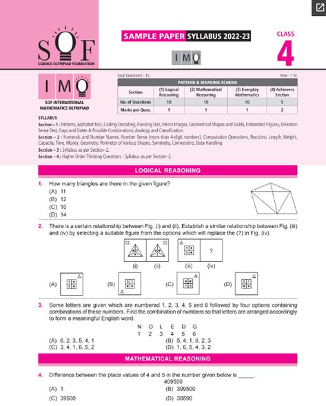 Class 4 IMO Maths Olympiad Official sample question paper Olympiad Maths Worksheets For Class 1, Olympiad Exam Class 1 Maths, Class 4 Maths Worksheet, Math Olympiad Problems, Class 4 Maths, Class 1 Maths, Olympiad Exam, Mental Maths, Mental Maths Worksheets